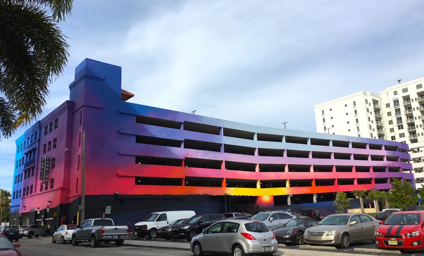 Rise Set — full-façade mural on the Hollywood Radius Garage, Hollywood, FL